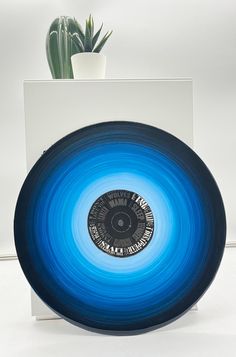 a blue frisbee sitting on top of a white table next to a potted plant