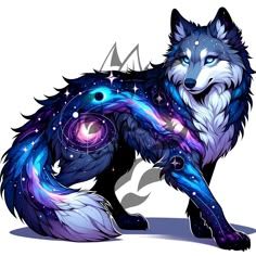 a wolf with blue and purple colors on it's body, standing in front of stars