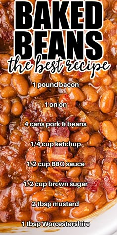 baked beans recipe in a white bowl with the ingredients list below it and instructions for how to bake them