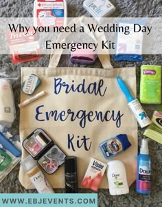 a white bag with the words bridal emergency kit written on it and various items surrounding it