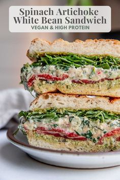 spinach artichoke white bean sandwich with vegan and high protein on a plate