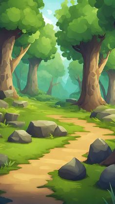 a cartoon forest scene with rocks and trees