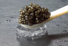 a spoon filled with lots of brown and white beads on top of an ice block