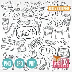 the cinema doodle clipart set includes movies, popcorns and other things to draw