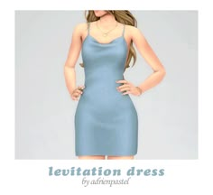 a woman in a blue dress with her hands on her hips and the words levitation dress