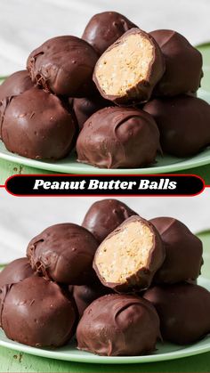 chocolate peanut butter balls stacked on top of each other with the words peanut butter balls above them