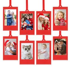 a set of six red photo frames hanging on a wall with pictures of people and their pets