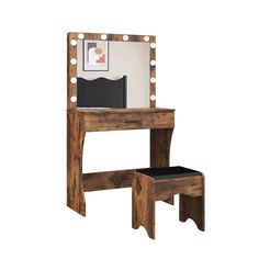 a wooden vanity table with stool and mirror