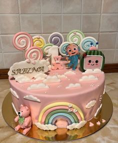 Cocomelon cake, lollipoops, rainbow, clouds, bear, little baby, first birthday Levi Birthday, Cake Designs For Girl, Boys 1st Birthday Cake, 1st Birthday Girl Decorations