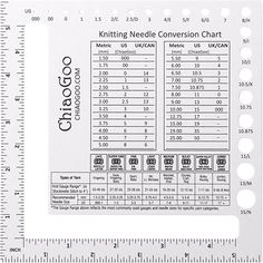 a ruler with the words knitting needle convention chart on it's front and back sides