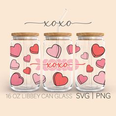 three glass jars with hearts on them and the words xoxo written in pink