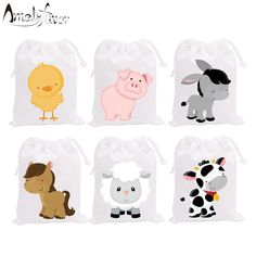 four bags with farm animals on them and one has a chicken, pig, horse, sheep