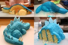 four pictures of blue frosted cakes with dinosaurs on them