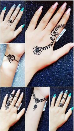 hendi tattoos on hands and fingers are shown in four different pictures, including one showing the