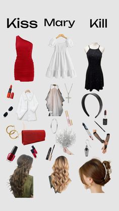 a bunch of different types of clothes and accessories on a white background with the words kiss mary kill