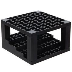 a black square table with grids on the top and bottom shelf for storing items