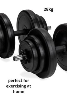 two black dumbbells sitting next to each other with the words perfect for exercising at home