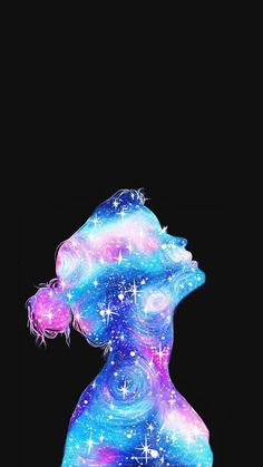 the silhouette of a woman with stars in her hair, against a black background that is lit up