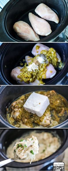 four different pictures showing how to cook chicken in the slow cooker