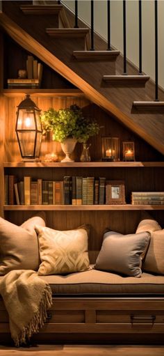 a living room filled with lots of furniture next to a stair case and bookshelf