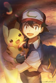 an anime character holding a pikachu in his arms with the sun shining behind him