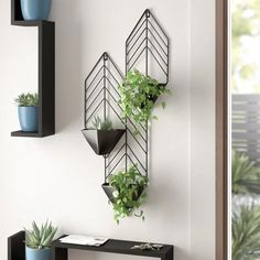 three planters are hanging on the wall next to a shelf with plants in it