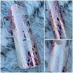 the pink and silver glittered water bottle is on top of a fur area with four different angles