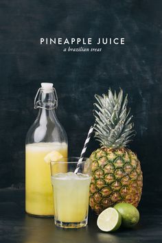 a pineapple, lemonade, and an eye - themed drink are on the table