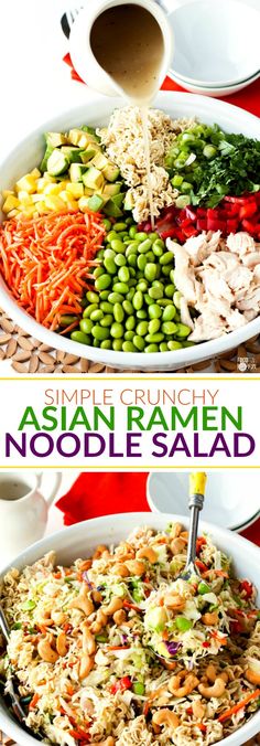 This recipe for Simple Crunchy Asian Ramen Noodle Salad is a simpler, healthier, fully-loaded version of the classic Ramen Salad. It takes just 20 minutes to make and it feeds a crowd making it perfect for potlucks! Crunchy Asian Ramen Noodle Salad, Asian Ramen Noodle, Asian Ramen Noodle Salad, Asian Ramen, Ramen Noodle Salad, Ramen Salad, Asian Noodle, Soy Recipes, Ramen Noodle