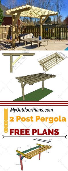 two post pergola free plans for the backyard with benches and picnic tables in it