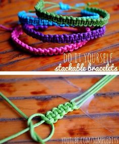 three different types of bracelets on a wooden table with text that reads do it yourself stackable bracelets