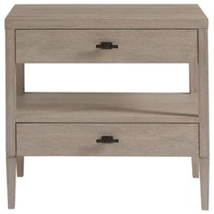 an end table with two drawers and one drawer on the bottom, in grey wood