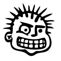 a black and white drawing of a face with spikes on it's head, smiling