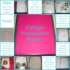 a collage of photos showing different types of binders and folders with the words college preparation binder written on them