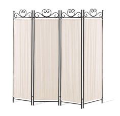 three panel room divider with scroll design on the sides and white fabric coverings