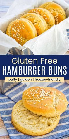 gluten free hamburger buns with sesame seeds on top and in the background