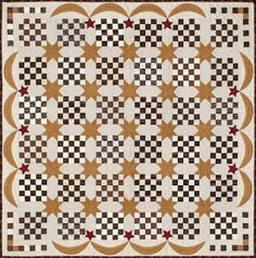 a quilt made with brown and white checkered fabric, featuring stars on the center