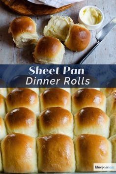 a collage of photos showing different types of bread rolls with butter on the side