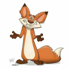 a cartoon fox sitting on the ground with its arms out and eyes wide open, looking like he's smiling