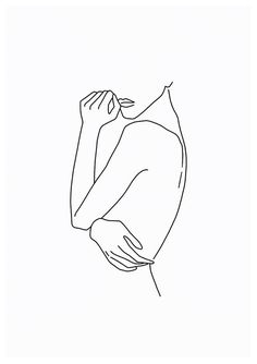 a black and white line drawing of a woman's arm with her hand on her shoulder