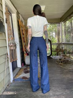 "If you know, you know. Deadstock Turtlebax 70's denim with all original tags. Found in a box from buying out a department store that closed in 1972. Flawless and unworn, the fit of these is always so good. Two different sizes are available, shown on model is the smaller size tagged 5/6. Please read all measurements and purchase accordingly. Size 5/6 (shown on mode) Waist: 25\" Hips: up to 39\" Rise: 12\" Inseam: 35\" Size 7/8 Waist: 27\" Hips: up to 39\" Rise: 12\" Inseam: 35\" Model is 5'7\" a Jeans Bell Bottoms, Black Denim Vest, 70s Denim, Fits Clothes, Black High Waist, Womens Jeans, Leather Vest, Nice Leather, Denim Vest