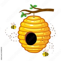 a beehive hanging from a tree branch with two bees flying around it and one is