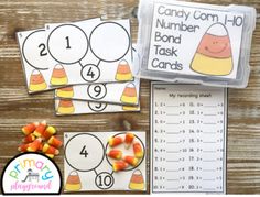 candy corn addition task cards for the number 1 - 10 and place them on top of each other