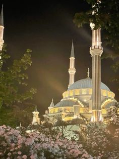 a large building lit up at night with flowers in the foreground and trees around it