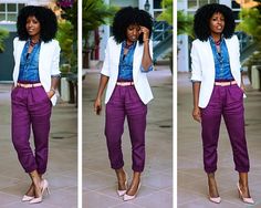 Purple Pants Outfit, Neon Prom Dresses, Pants Outfit Ideas, Peg Pants, Style Pantry, Purple Jeans, Purple Pants, White Blazer, Purple Fashion