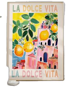 a poster with oranges hanging from a tree in front of a yellow sky and buildings