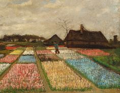 a painting of a person walking through a field with flowers in the foreground and houses in the background