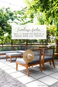 an outdoor seating area with benches, tables and a sign that says farmhouse garden diy / how to build a patio and lay panels