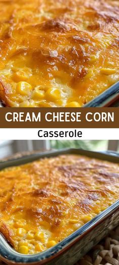 two pictures of a casserole dish with cheese and corn in it, one has been cooked and the other is baked