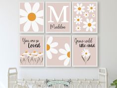 four pink and white nursery prints with daisies